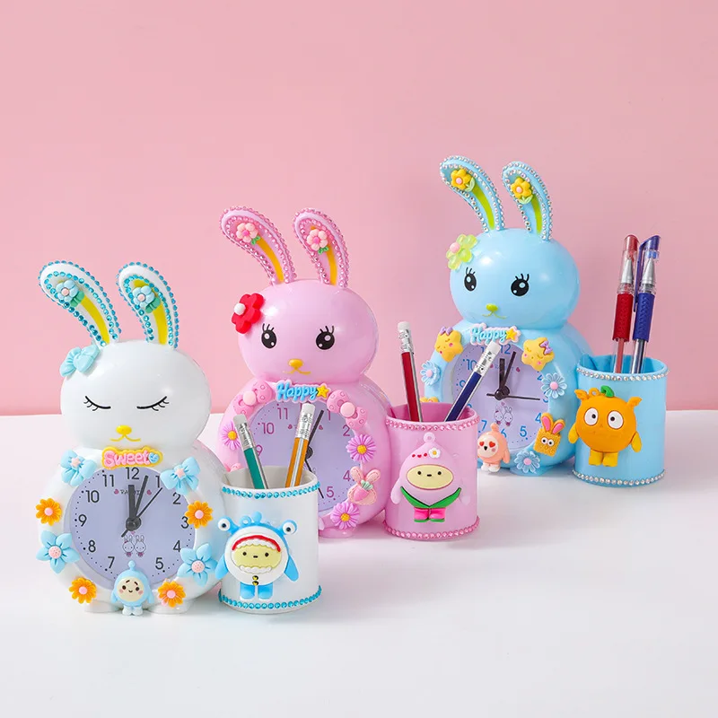 

Diy cartoon pen holder rabbit alarm clock hand-made cream-glue material pack for students desktop small alarm clock drip glue ma