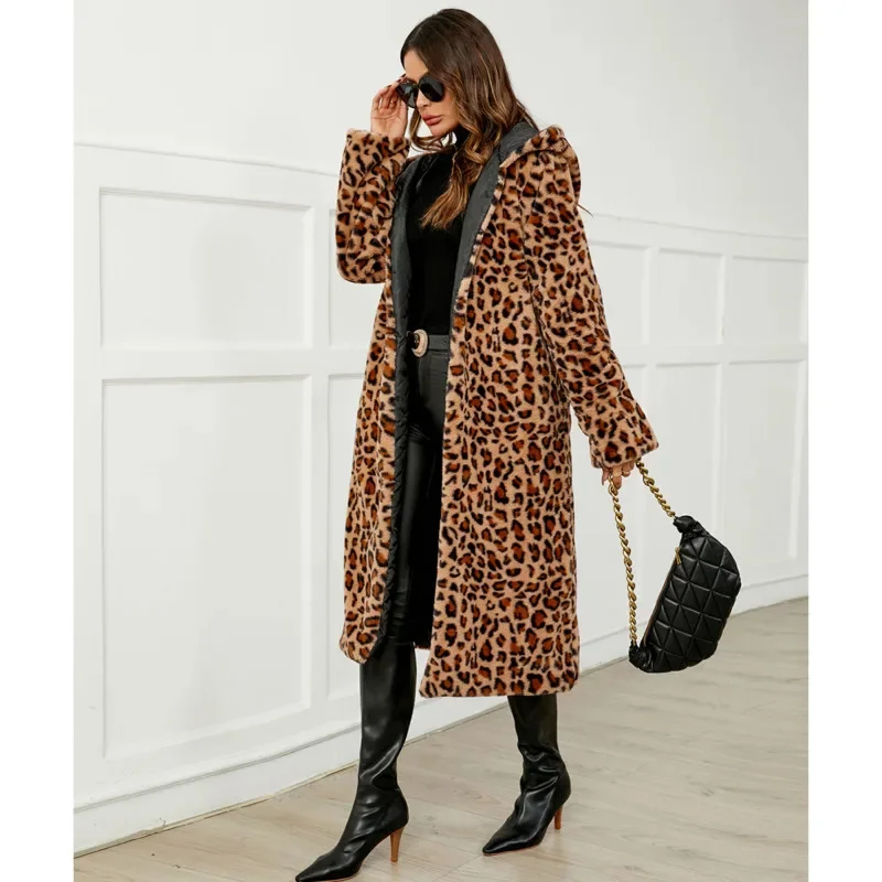 2024 High Street Leopard Print Long Faux Fur Coat Jacket For Women Autumn Winter Fur Coats Fashion Casual Loose Warm Top Jackets