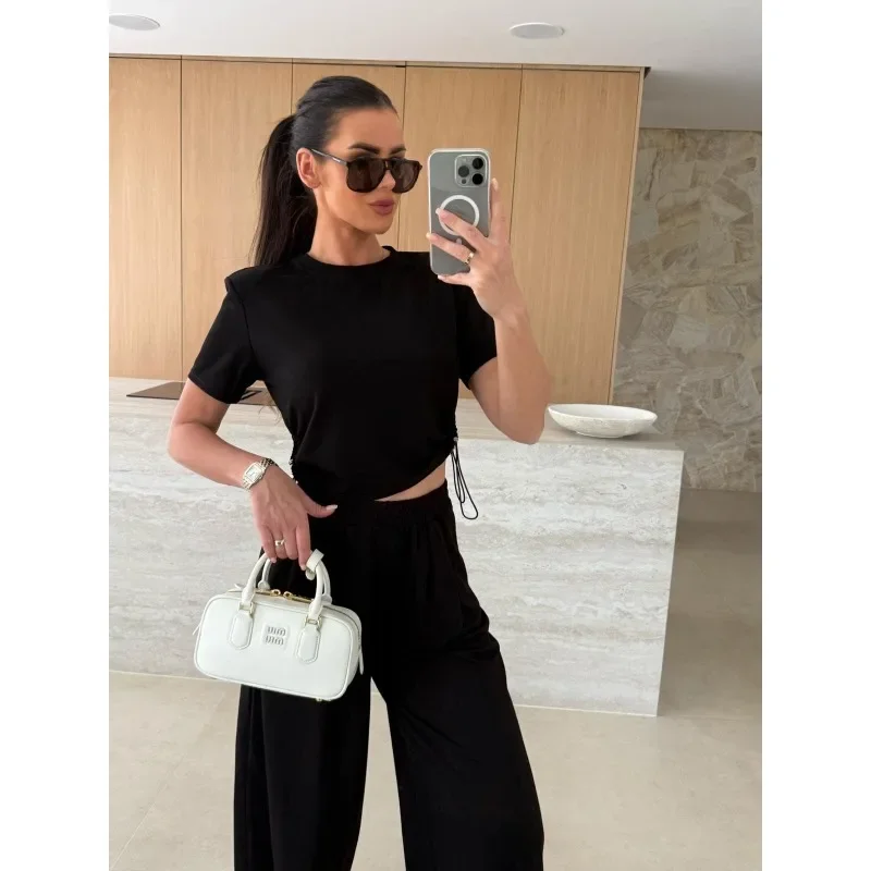 

Plus Size Women Casual Sport 2 Piece Sets Outfits Drawstring Short-sleeved T-shirt+ Solid Loose Straight Trousers Suit