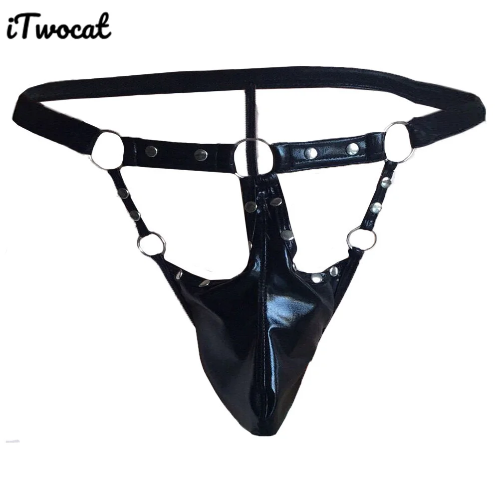 iTwocat Gay Jockstrap Men\'s Underwear Pu Leather Hollow Out Thongs Adult Underpants Sexy Men Exotic Costume G-Strings Lingerie