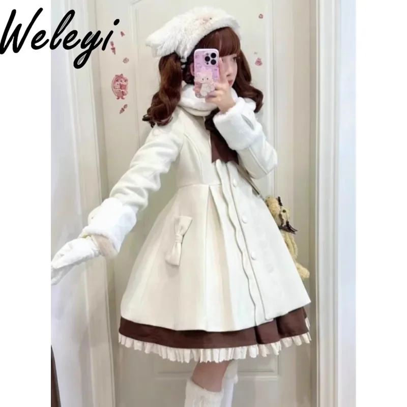 

Gentle Japanese Girl Fur Collar Thickened Woolen Coat Sweet Women's Winter Medium and Long Slimming Waist Wool Coats for Women