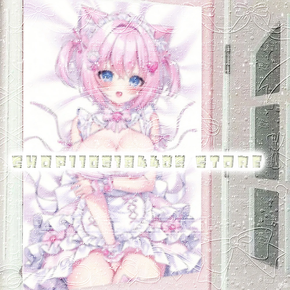 Pink Short Hair Cat Ear Strawberry Maid Tapestry, Short Pastel Pink Twin Ponytail Anime Neko Girl With Big Lace Cat Ear Headband