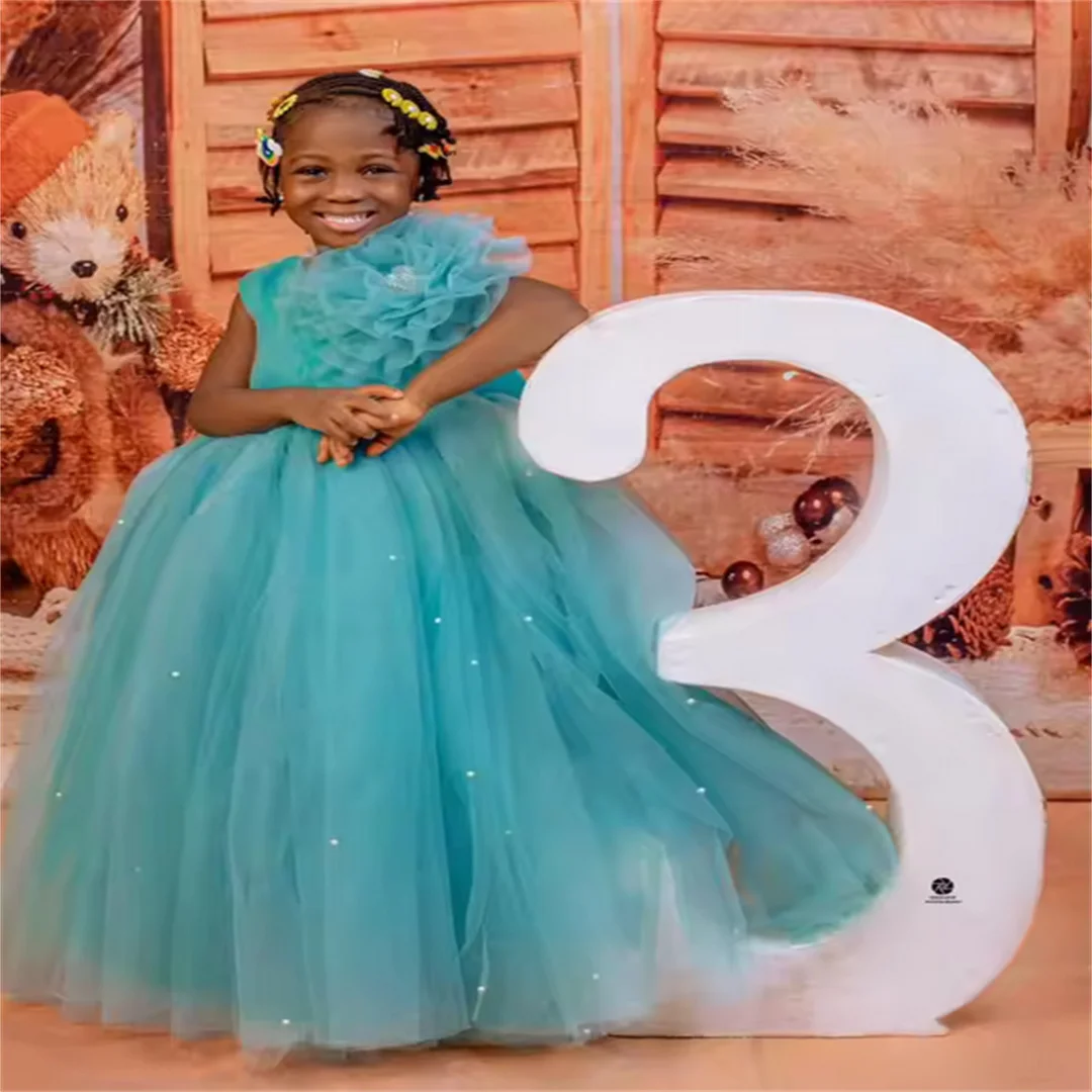 

Teal Blue Pearls Kids Birthday Party Dresses Customized 3D Floral Flower Girl Dresses for Wedding Baby Girls Prom Gowns