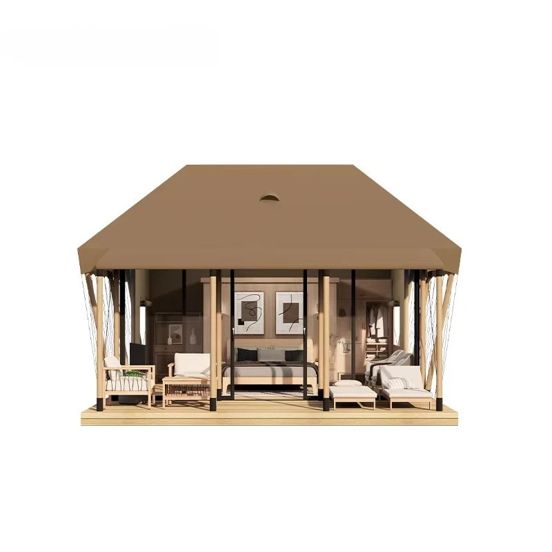 customize Outdoor Glamping Prebuilt House Luxury Hotel Safari Tent Supplier Wooden Pole Resort Camp Beach Canvas Safari Tent