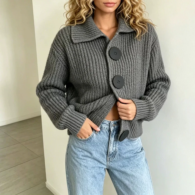 Loose Lazy Wind Cardigan Women Fashion Turn Down Collar Knitted Sweater Fall Winter Office Lady Single Breasted Long Sleeve Tops
