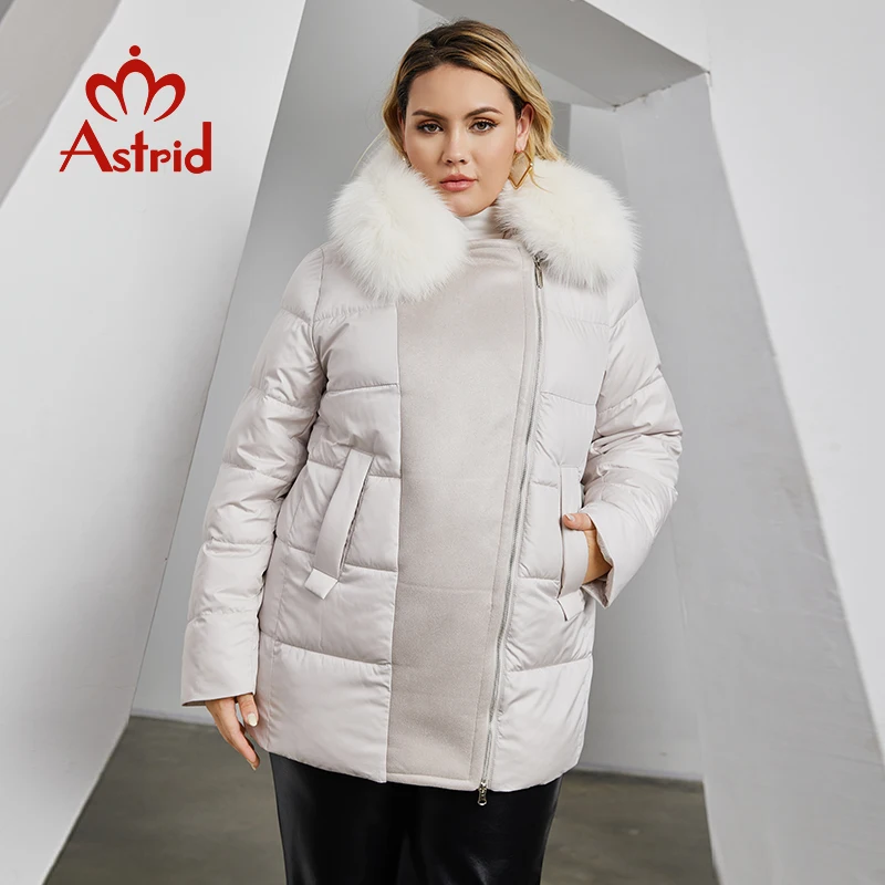 Astrid Women\'s Jacket Winter 2023 Plus Size Down Jackets Big Fur Collar Hooded Stitching Thickened Fleece Plush Coat Women Parka