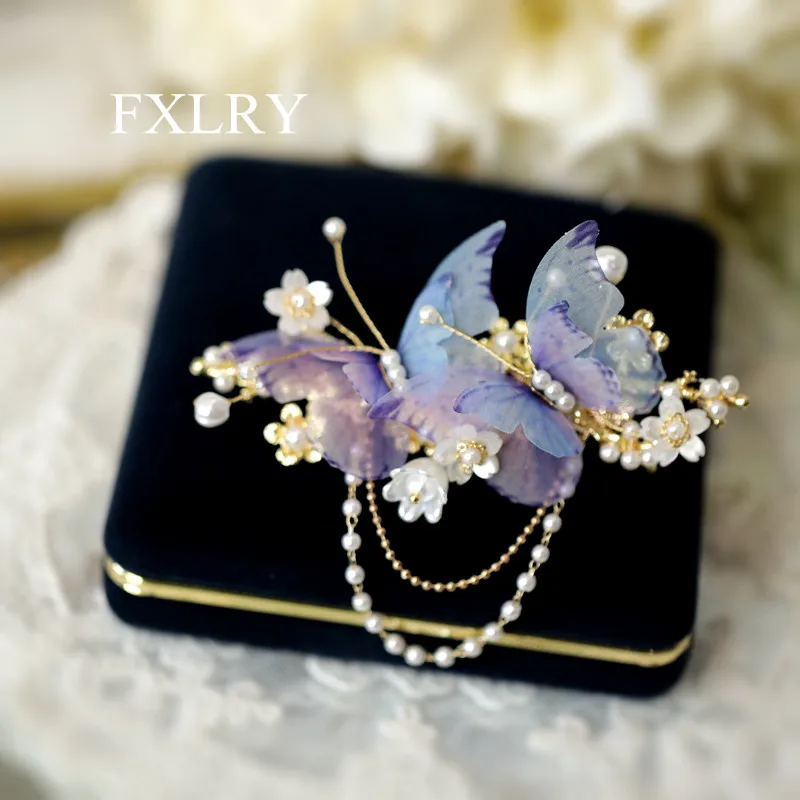 

FXLRY Original Handmade Shell Pearl Butterfly Hairpin Vintage Style Tassel Clip Headdress Accessories