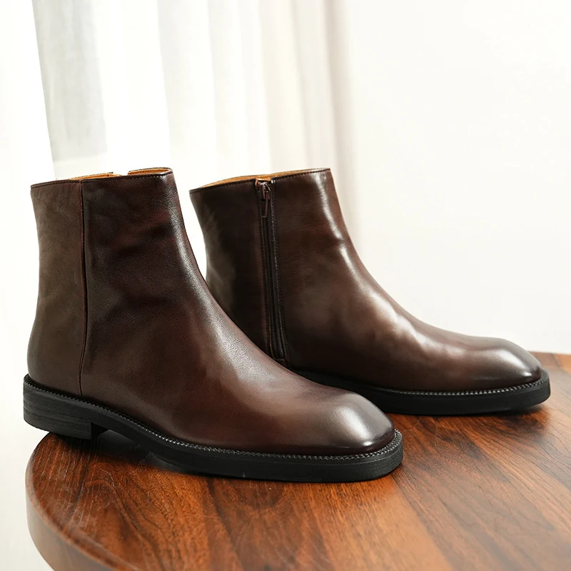

Men’s Genuine Cow Leather Boots Banquet Business Suits Cowhide Black Luxury Shoes Man Winter