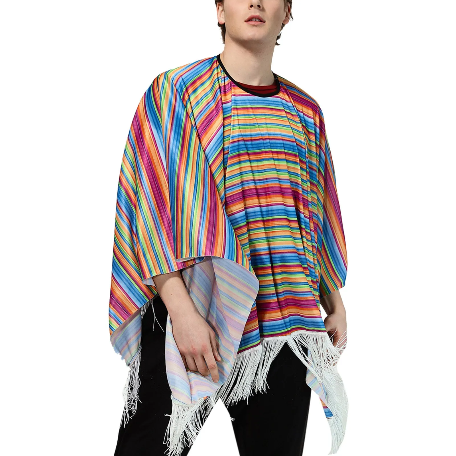 Male Festive Mexican Cape Cape Ethnic Print Striped Fringe Poncho Costume Top Man Clothing 2024