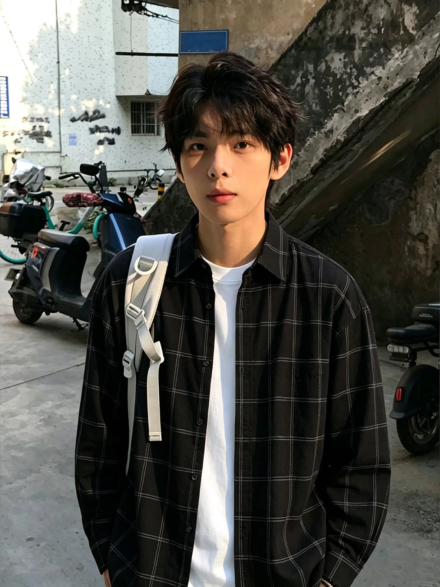 Black Plaid Long Sleeve Shirt for Boys Youth Style Autumn Checkered Button up Casual Loose Fit Fashionable Collared Jacket