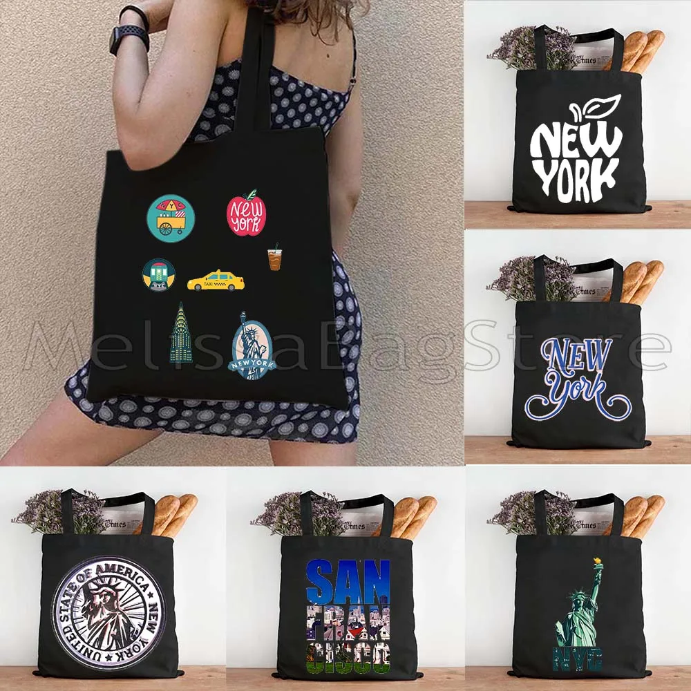 New York City The Big Apple NYC Gifts Statue Of Liberty Stamp San Francisco Lettering Print Cute Canvas Tote Bag Shopper Handbag