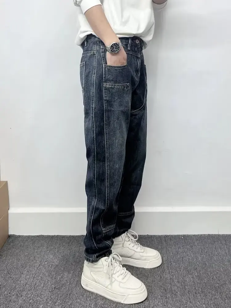 

Men's Straight Leg Jeans Spring Autumn Casual Splicing Blue Design Sense Trousers Wear Resistant Comfortable Loose Fit Jeans