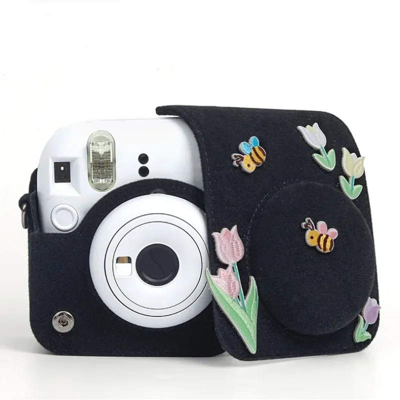 Black Felt Bag for Fujifilm Instax Mini 12 Instant Camera Sticky Cute Retro Cam Protective Case for Instax Mini 12 Accessories