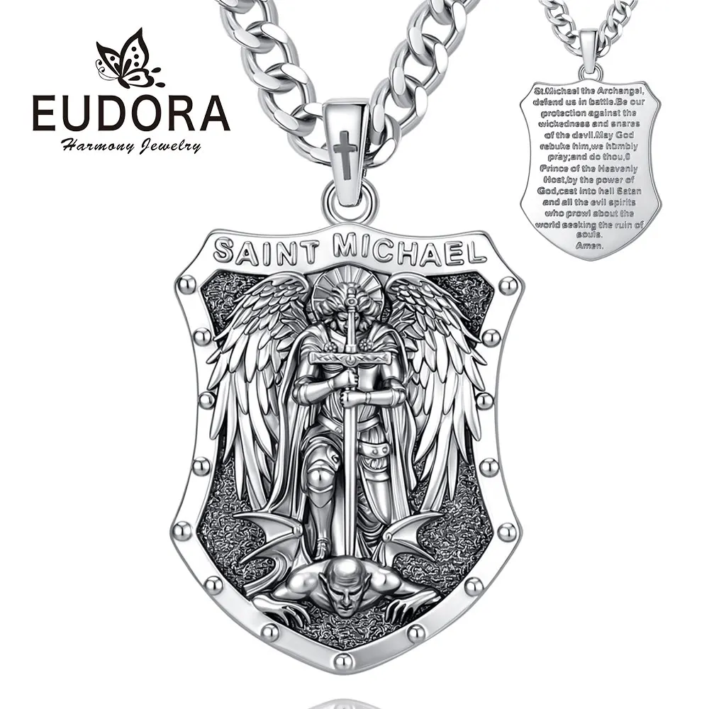Eudora Copper Saint Michael Necklace Archangel Cross Pendant Christian Amulet Protection Jewelry Festival Gift for Men Women ﻿ ﻿