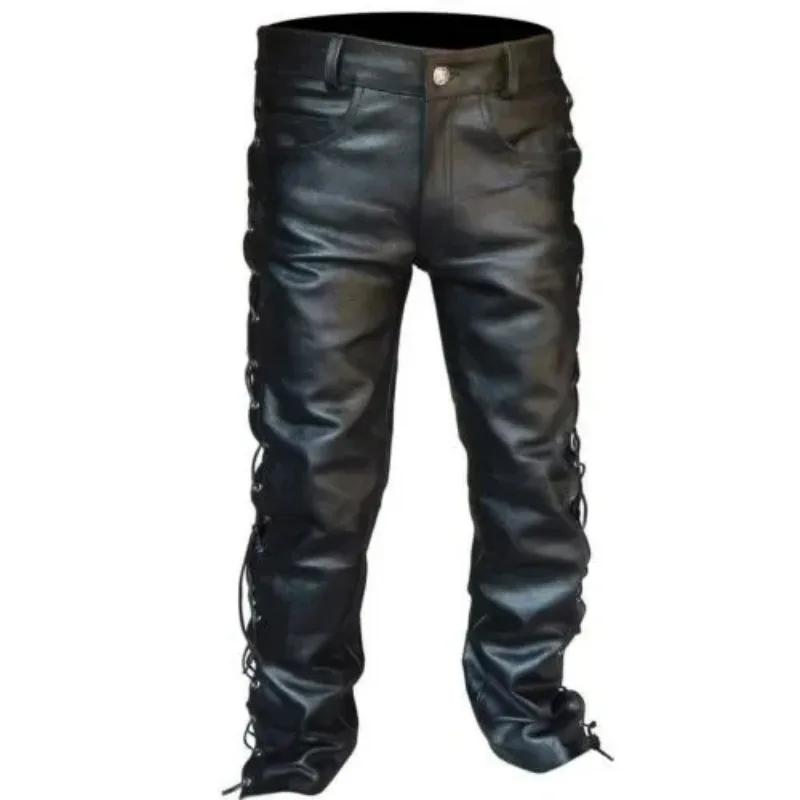 KIDWHXR Men Leather Trousers Motorcycle Punk Solid Lace Up Male Straight-leg Pant Retro Windproof Waterproof Casual Man Pants