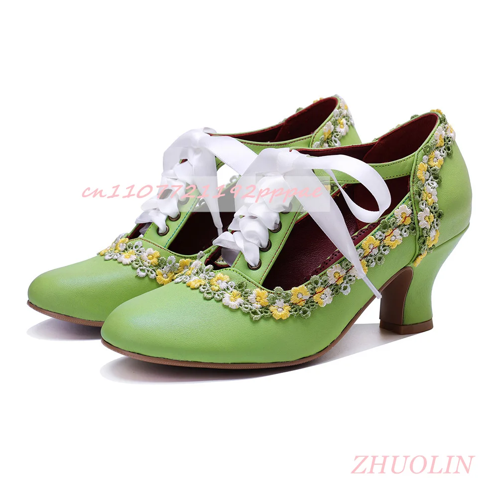 

Lace Lace Women'S Mary Jane Shoes Round Toe Hoof Heels Shallow Mouth Lace Up High Heels Leather Retro Party Dress Women'S Shoes