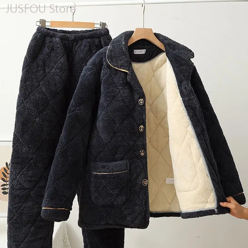 Men Winter Three Layers Thicken Coral Fleece 2Pcs Pajamas Set Warm Shirt and Pant Casual Home Wear Sleepwear Nightwear