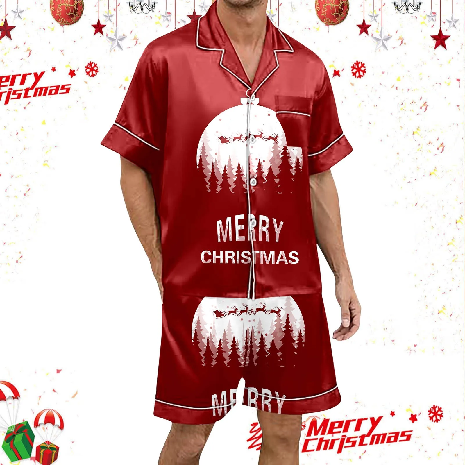 Pajama Set for Men Christmas Print Silk Satin Short Sleeved Button Crop Top Ladies\' Casual And Fashionable Snowman Santa Star