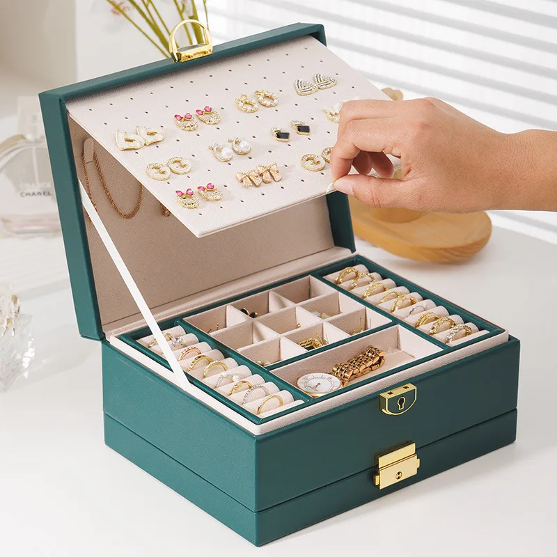 Four Drawer Handheld Jewellery Box Earring Ring Necklace Storage Box PU Leather Jewellery Display Box with Security Key Lock