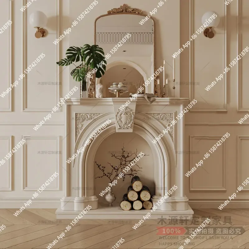 C French Solid Wood Carving Flower Fireplace Decorative Cabinet Cream Wind Living Room Warm White Arched Closet Design Porch Rac