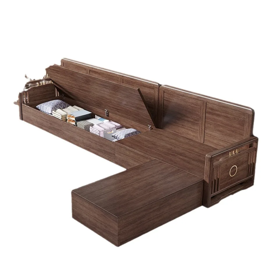 

New Chinese-style all-solid wood sofa combination Modern simple winter summer dual-purpose walnut high box storage sofa
