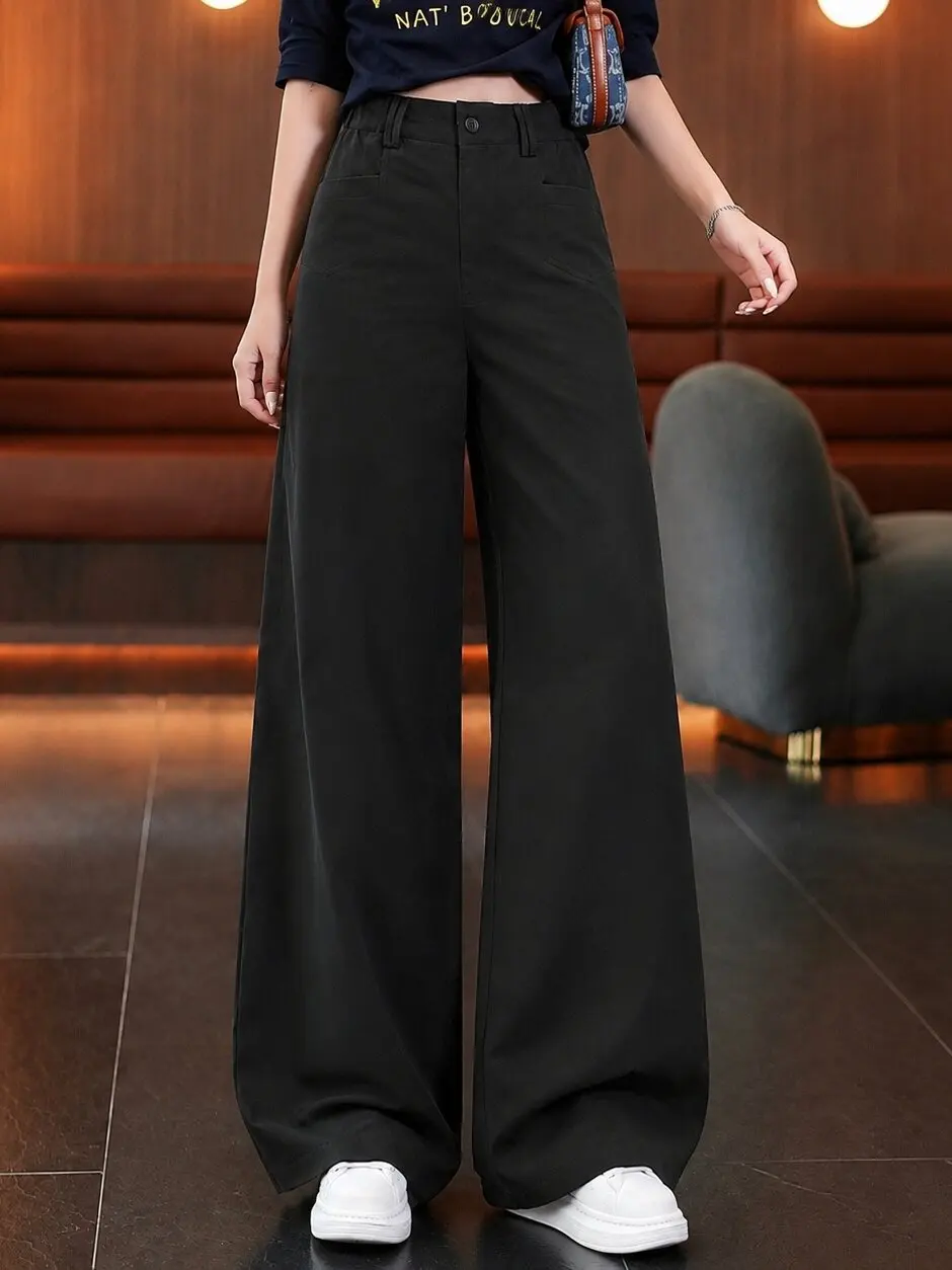 Elegant Anti-Aging Black Suit Wide Leg Pants Women's Casual Straight Loose Trousers Spring Autumn Lazy Draping High Waist