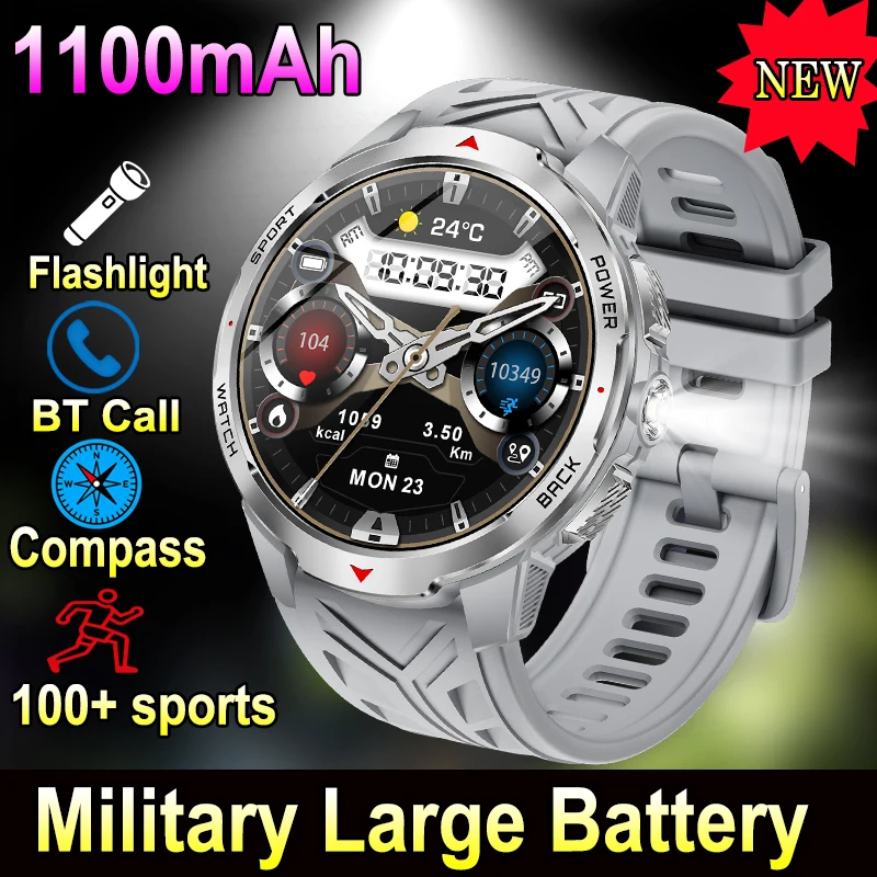 

Men Smart Watch Military Outdoor Sports 1100mAh Large Battery Durable Watches Strong LED Flashlight Compass BT Call Smartwatch