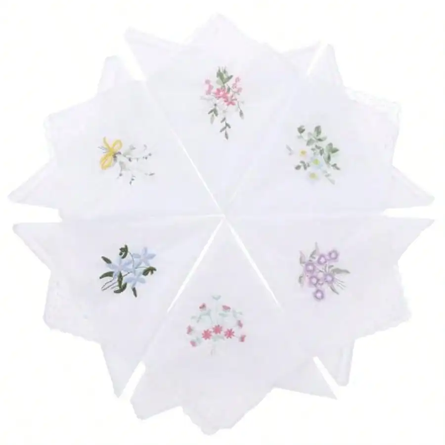 

Ladies Cotton Handkerchiefs Flower Embroidered With Lace Ladies' Vintage Floral Lace Handkerchiefs For Wedding Party 6 Pack