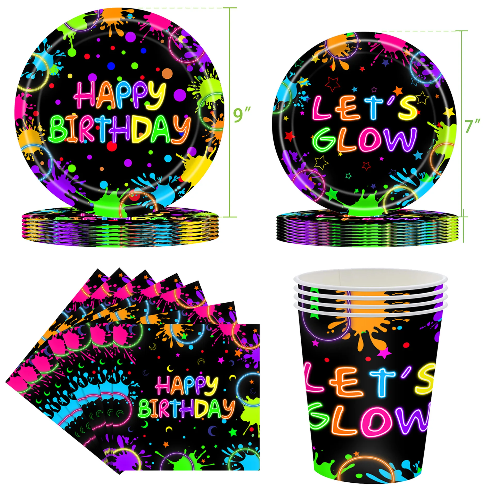 Neon Theme Disposable Tableware Paper Plates Cups Napkins Banner Tablecloth Let\'s Glow Happy Birthday Party Decor Supplies