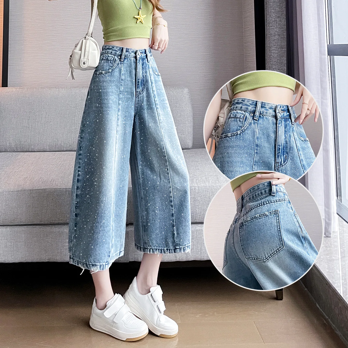 Summer New Women's High Waist Loose Ankle Length Simple Basic Curved Knife Pants‌ Female Wide Leg Straight Denim Trousers Jeans