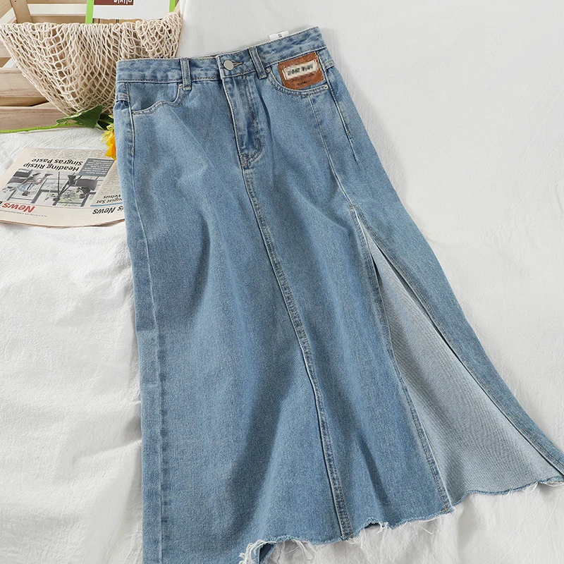 

High Waist Split Denim Long Skirt Women 2021 Elegant Sexy Ladies Office Package Hip Long Skirt Autumn Fashion Slim Denim Skirt