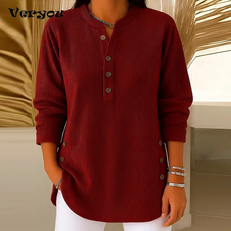 Nowa damska bluza dresowa, codzienna, jednolita, z długim rękawem, zapinana na guziki, modna, prosta bluzka typu pulower.