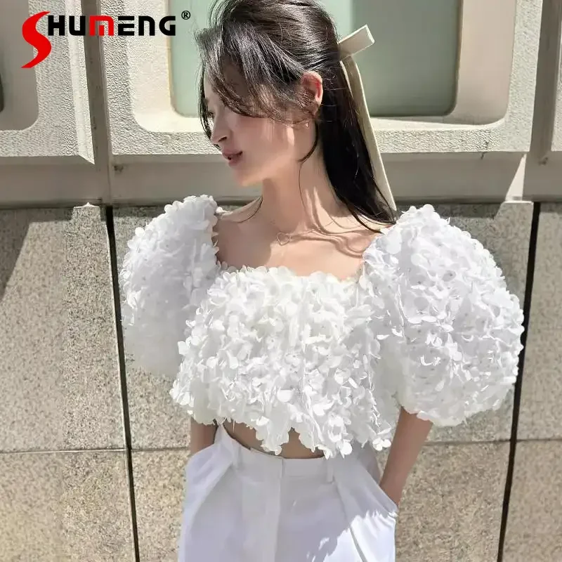 

Japanese Style White Super-short Off-Shoulder Top Female 3D Petal Puff Sleeves Sweet Girls Top Ladies Clothes Spring and Summer