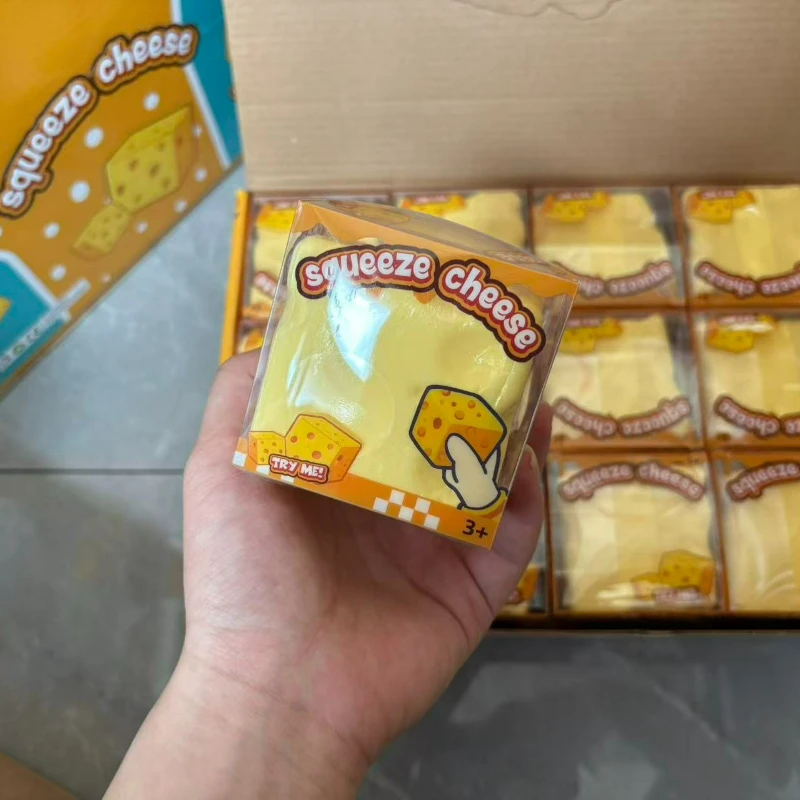 12個入り減圧ソフトチーズブロック-黄色、プラスチック製減圧おもちゃ誕生日ギフトボックス（スクイーズ機能付き）