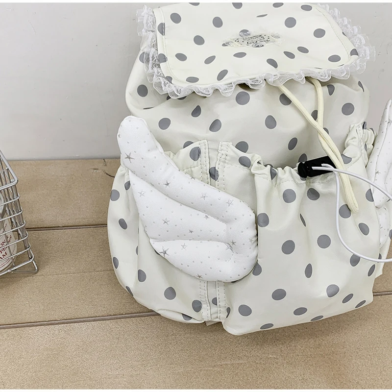 Angel Wings Polka Dot Studenten-Rucksack mit Kordelzug, koreanische süße süße Schultasche aus Nylon, leichte, lässige, geräumige Reisetasche – Detail 5
