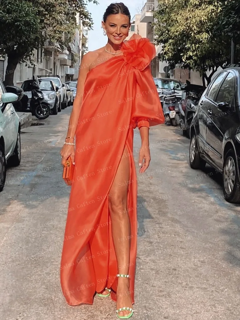 One Shoulder Orange Chiffon Long Sleeve Evening Dress With Slit Ankle Length Floral Dress Open Back Woman Clothes Chic Prom Gown