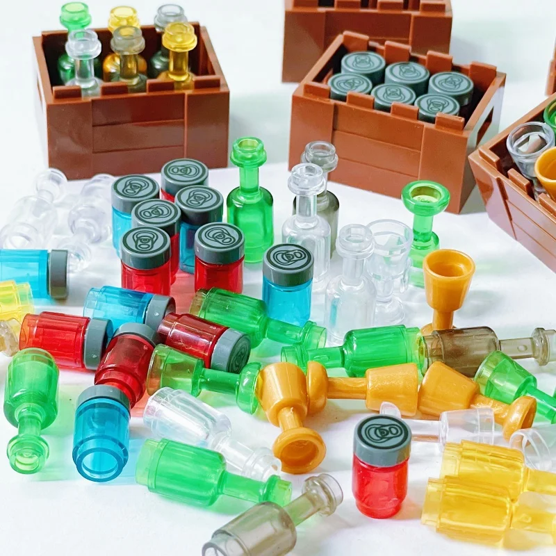 Weinflaschen, Tassen und Highball-Gläser mit Holzkisten, kleine Partikel, DIY-Bausteine-Set, Zubehör, zufälliger Artikel