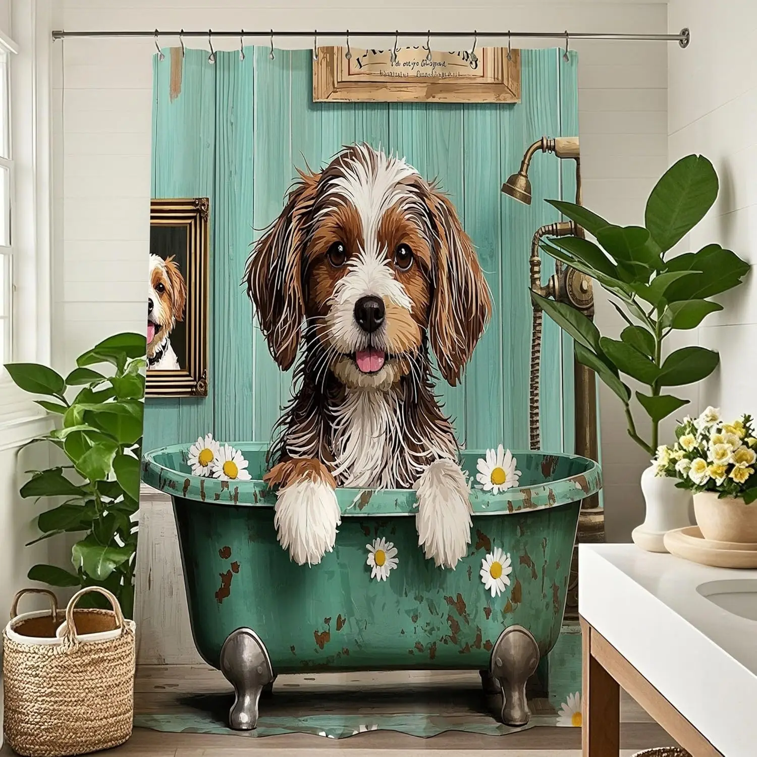 

Занавеска для душа с милой собакой, забавные животные, набор занавесок для душа, забавный щенок, мультяшный Тедди в ванне, цветок, деревенская страна, ромашка для мальчиков