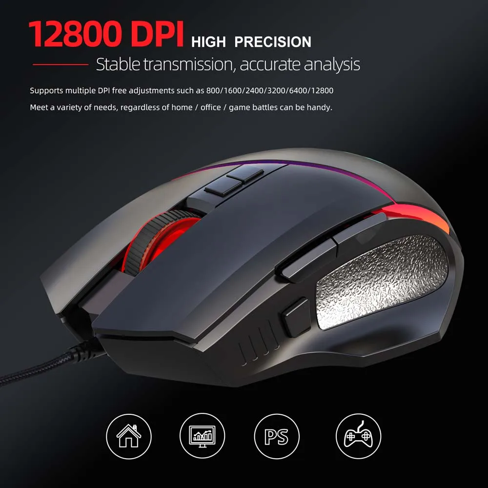 Mouse para jogos com chave de fogo, 12800dpi, ajuste aumentado, mão, 8 botões, programa macro, luz de fundo colorida rgb, micro interruptor mecânico