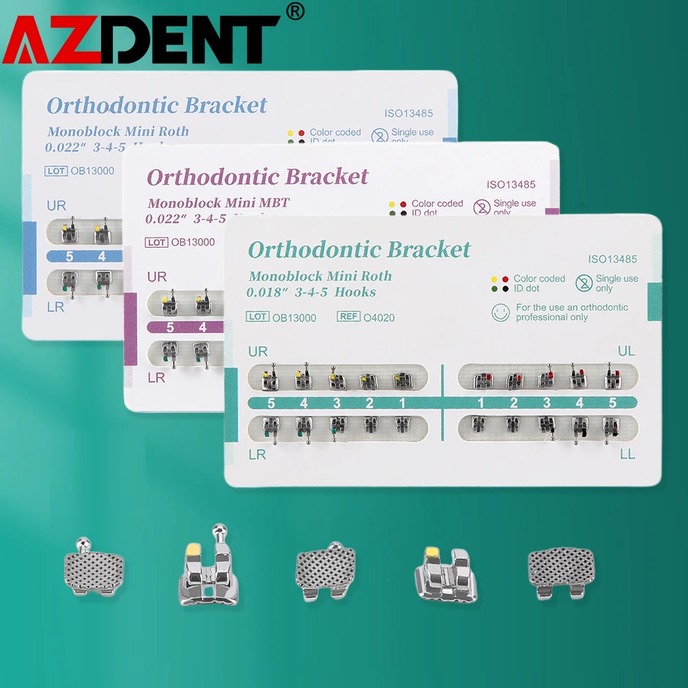 

10packs Azdent Dental Orthodontic Metal Bracket Braces MIM Monoblock Brackets Mini Roth/MBT 022 018 Slot Hooks 345 Ortho Tools