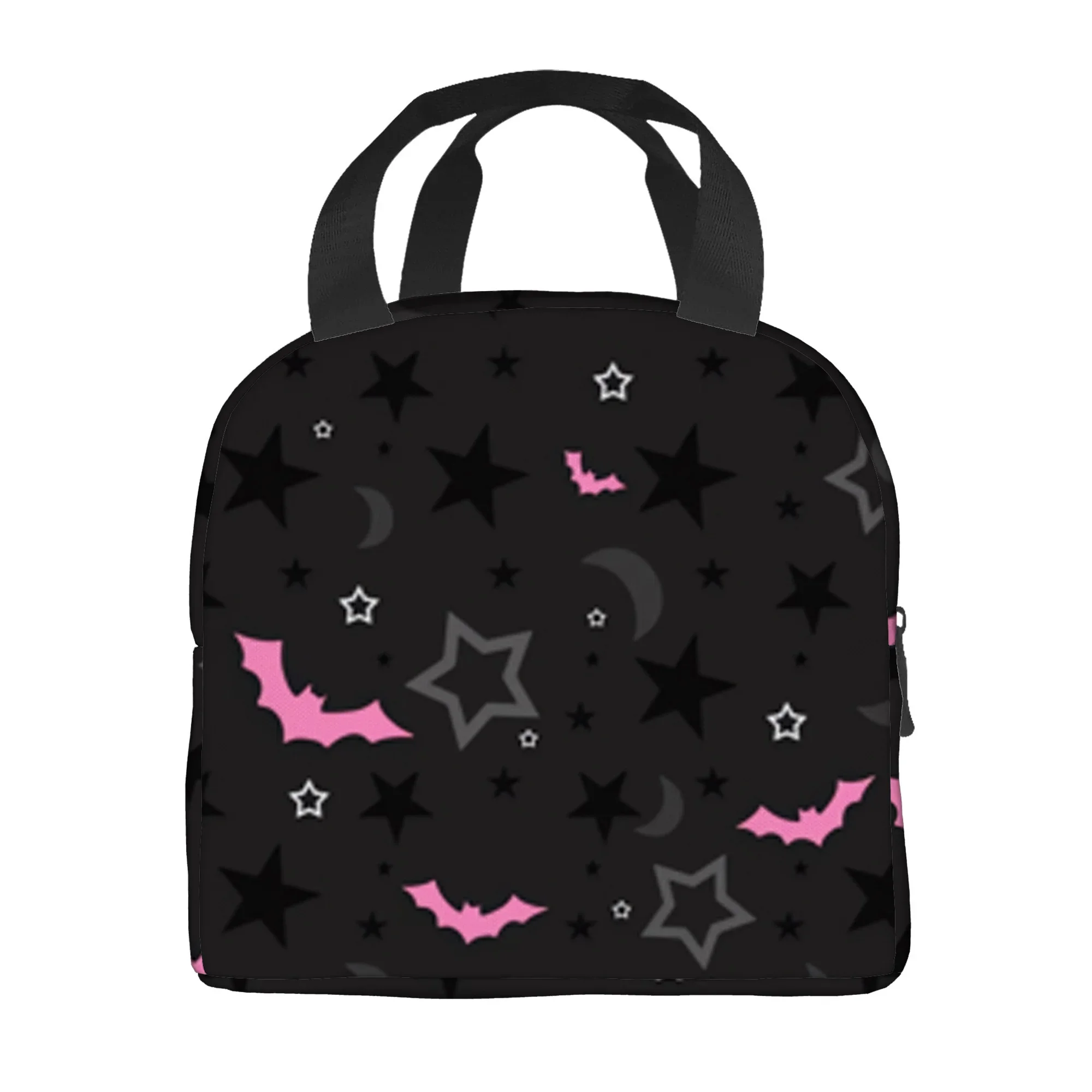Gothic Pink Bat Star Print Insulated Lunch Bag Durable Polyester Oxford Thermal Cooler Tote