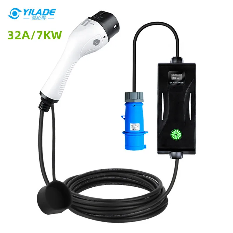 Portable EVSE Type 2 EV Charger Adjustable Current 16A to 32A IEC62196-2 Electric Vehicle Charging Wallbox Blue CEE Plug