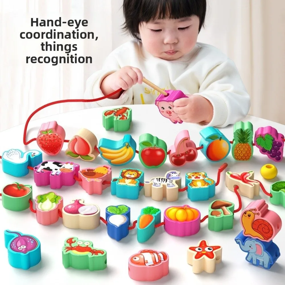​ Jouet coloré de perles de ficelle Montessori ​   Conception de perles de laçage ​ ​ Blocs empilables ​ ​ Jouet de filetage éducatif précoce ​   Différentes formes