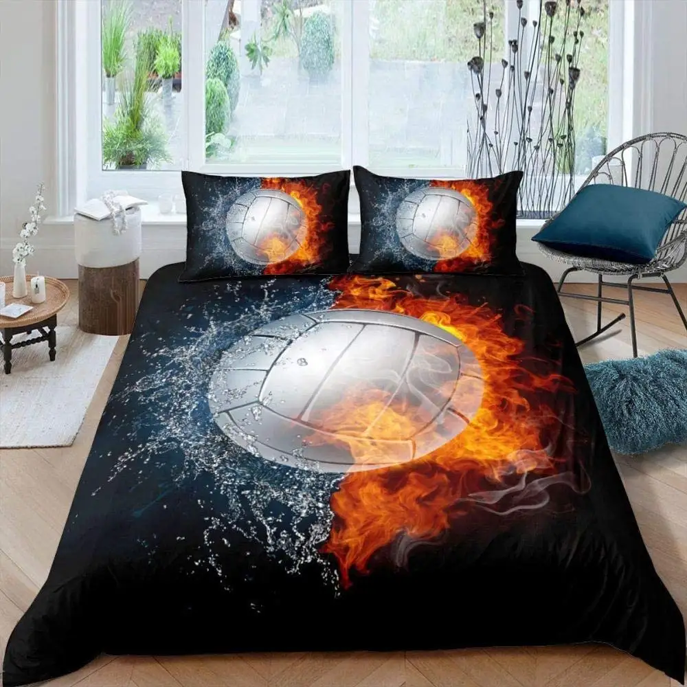 

Volleyball Duvet Cover Set Microfiber Sports Ball Theme Fire and Water Blend Volleyball Twin Bedding Set Double Queen King Size