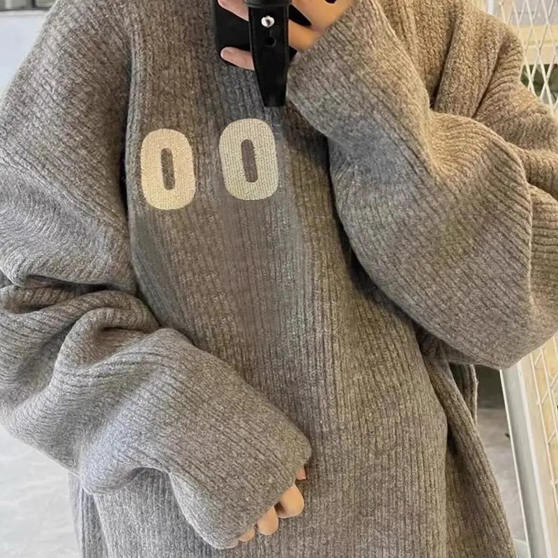 Korean Vintage Loose Knitted Jumpers Female Clothing Chic Letter Patch Designs Autumn Winter O-Neck Basic Long Sleeve Sweaters