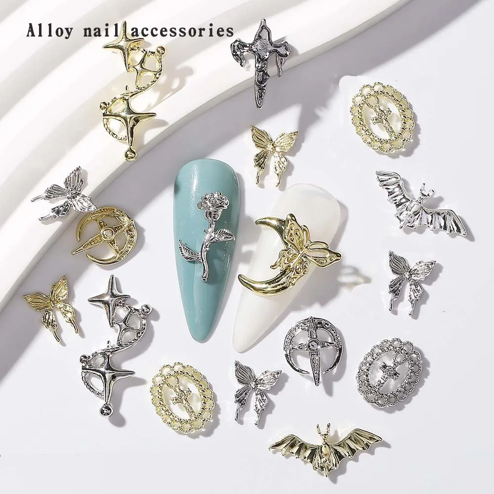 10pcs Zircon Nail Art Charm 3D Gold/Silver Bohemian Cross Evil Butterfly Bat Pentagram Nail Decoration DIY Nail Alloy Jewelry