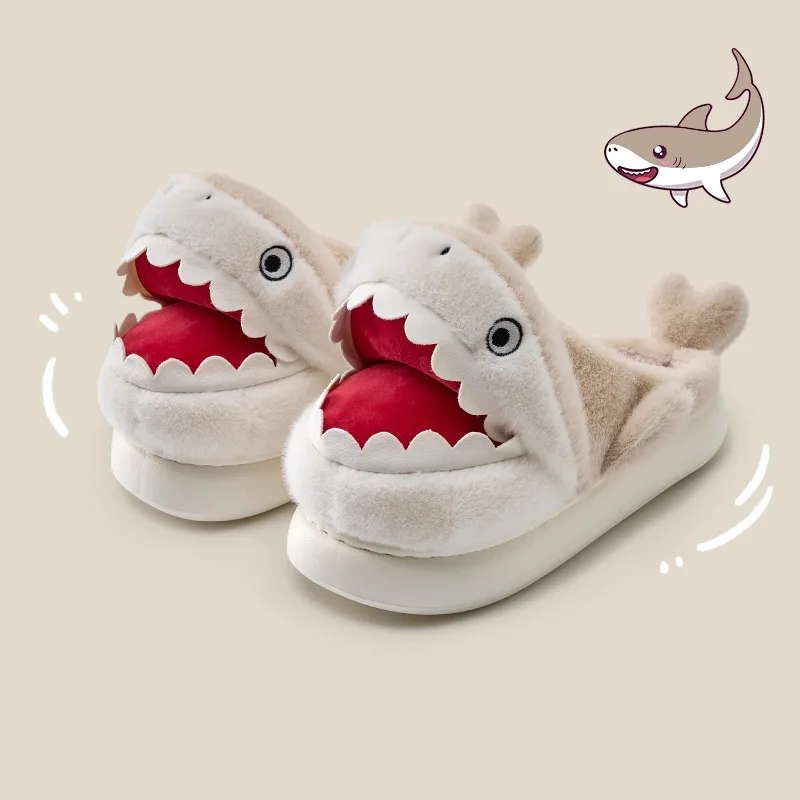 Kawaii Shark Cat Anime Cartoon Winter Plush Cotton Slippers Girl Thick-Soled Half-Slip Home Shoes Give Gifts To Girlfriend