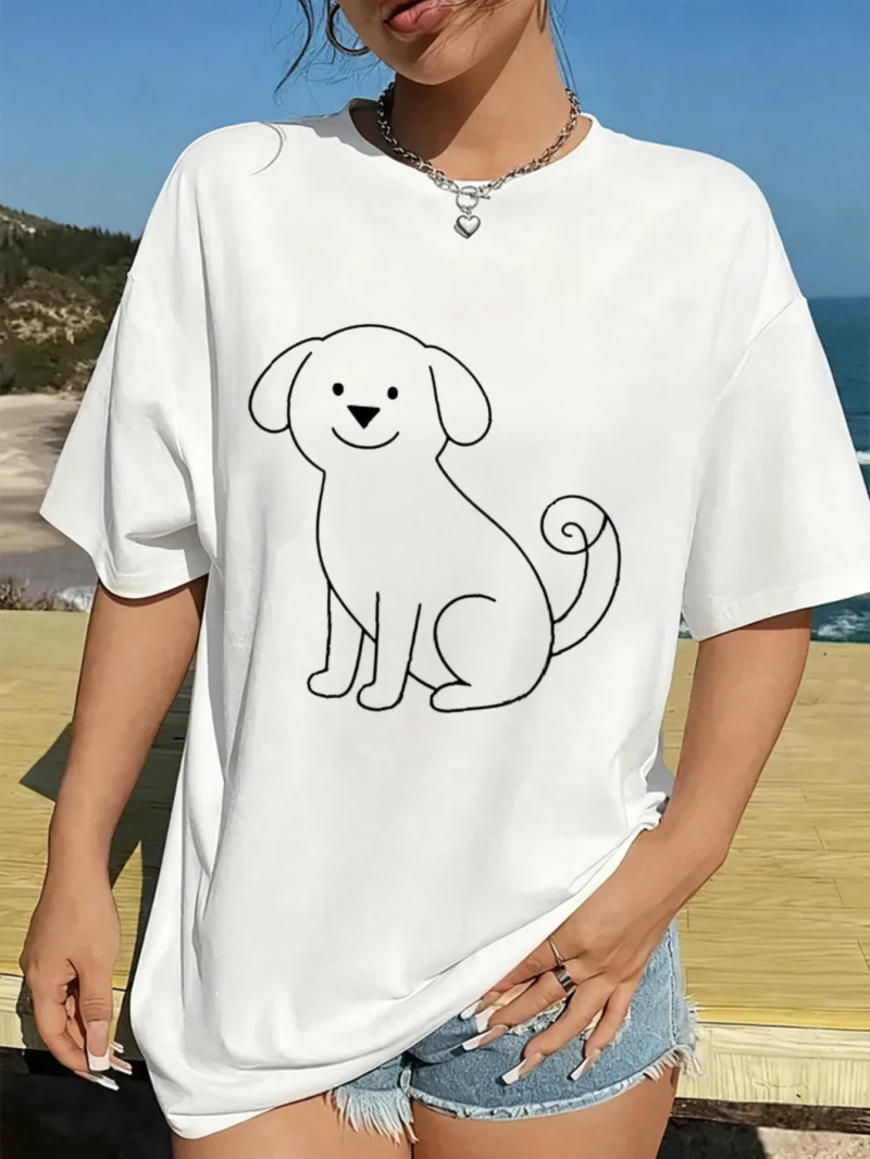 المرأة فضفاضة قصيرة الأكمام تي شيرت أبيض الكرتون جرو طباعة نمط طباعة أزياء المرأة الموضة #2