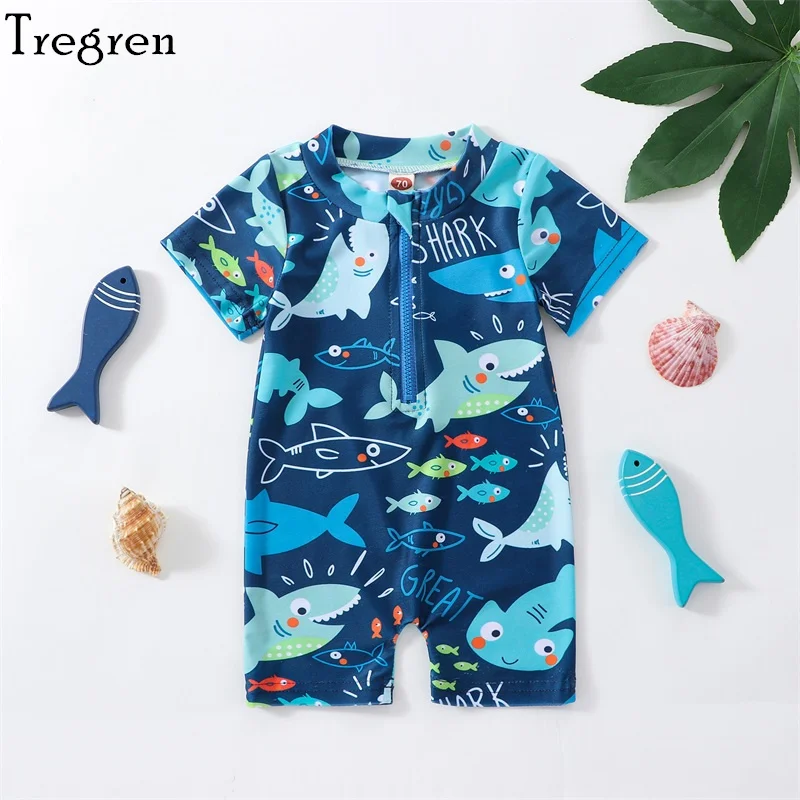 Tregren Kids Boys Summer Swimsuit Casual Shark Printed Short Sleeve Zipper Jumpsuit Swimwear Bathing Suit Swimming Beach Wear