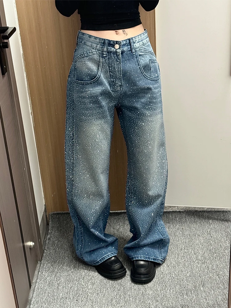 

American High Street Glitter Diamond Splicing Denim Women's Sexy Retro Faion Design Sensation Floor-Length Pants